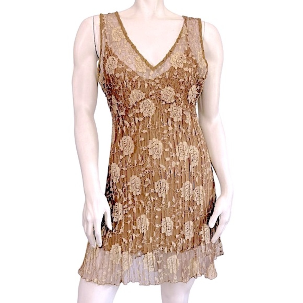 KOMAROV Golden Brown Sheer Floral Mesh Lace Plisse Corset Back Mini Dress